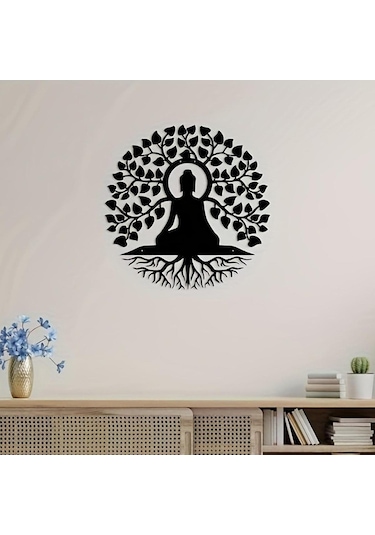 Homyl Buda Ağacı Metal Duvar Sanat Siyah Din Dekoru Zen Dekor 40-cm
