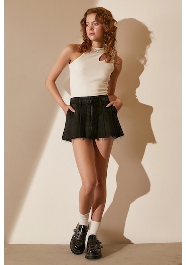 Never More Pileli Mini Etek Laci Siyah