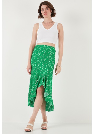 Lela Çiçek Desenli Regular Fit Volanlı Yüksek Bel Midi Boy Yırtmaçlı Bayan Etek 5869012 Yeşil