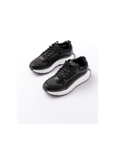 F-307 Siyah Bağcıklı Saten Taş Aksesuarlı Günlük Spor Ayakkabı Siyah