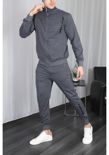 Erkek Dik Yaka Fermuarlı Eşofman Takım - Füme Füme