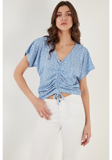 Lela Desenli Önü Büzgülü V Yaka Crop Bayan Bluz 5864486Y4 Bebe Mavi