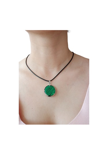 Malachıte Doğal Taşlı Hayat Ağacı Çelik Kolye - Kadın Yeşil