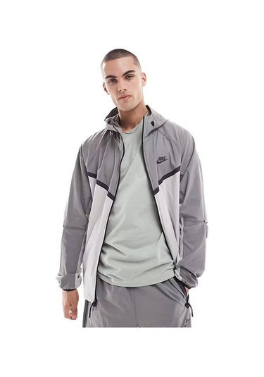 Tech Windrunner Woven Full Zip Loose Fit Jacket Erkek Bol Kesim Paraşüt Kumaş Kapüşonlu Ceket Gri
