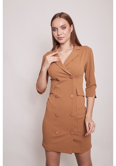 Yakalı Sırt Dekolteli Anvelop Likralı Kumaş Düğmeli Ceket Elbise (515549421)