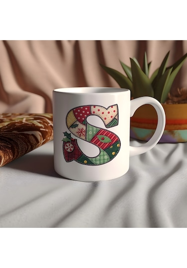 S Harfi Yılbaşı Temalı Kupa Bardak - Yeni Yıl Konsept Yamalı Efekt Tasarım - Noel Hediye Beyaz