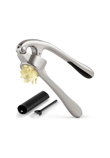 Sarımsak Presi - Silikon Sarımsak Soyucu Ve Temizleme Fırçası Dahil - 3 Parça - Sağlam Kolay Temizlenen Sarımsak Ezici Gümüş Siyah