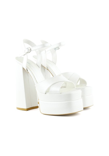 Erkan Saçmacı Whitney İnci Beyaz Sedef Önü Arkası Açık Çift Platformlu Bantlı Abiye Gelin Ayakkabısı