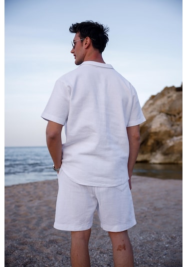 Beyaz Renk Gömlek Şort Erkek Keten Takım-1765 Beyaz