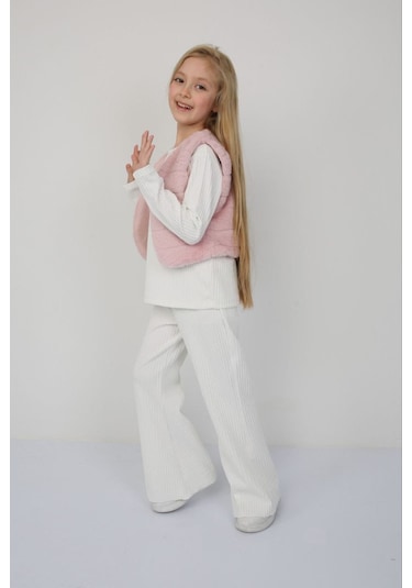 Kız Çocuk Pembe Renk Peluş Yelekli 3 Parça Alt Üt Takım Toz Pembe