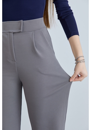 Kadın Gri Cırt Cırtlı Kapama Rahat Palazzo Likralı Esnek Beli Lastikli Pantolon Yüksek Bel Gri