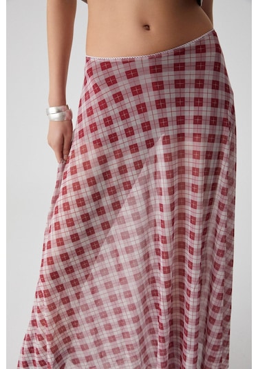 GRIMELANGE Julıano Kadın Yüksek Bel Çizgili Oversize Kırmızı Etek Kırmızı