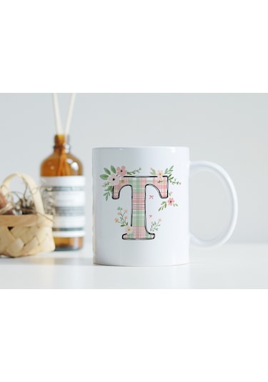 T Harfli Çiçek Desenli Kupa Bardak - Ekose Desenli Yeşil Pembe Desenli Tasarım - Kişiye Özel Hediye Beyaz