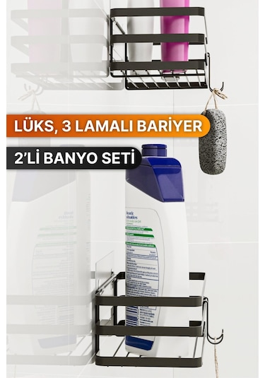 Bino Y01 4 Askılı Yapışkanlı 2'li Şampuanlık Organizer Banyo Askısı Siyah
