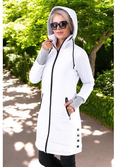 Kışlık Eldiven Detaytlı Kapüşonlu Uzun Şişme Kadın Mont Beyaz