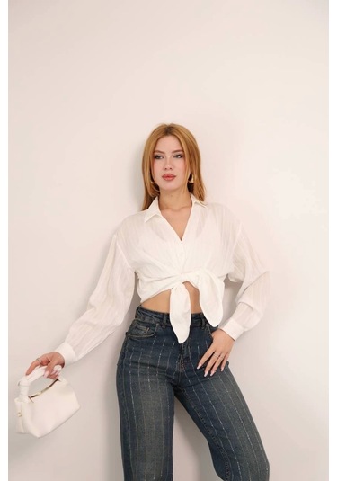 Kendinden Çizgili London Gömlek Beyaz