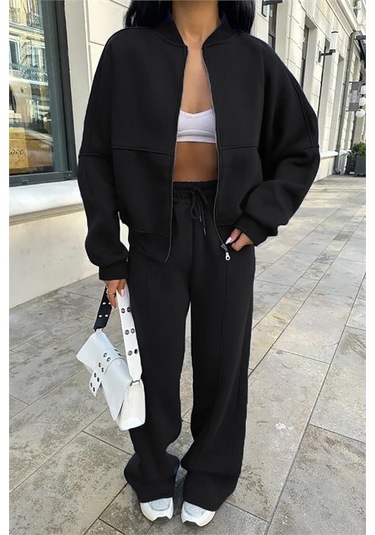 Neşeli Butik Kadın Kışlık Alt Üst Eşofman Takımı Nb0022 - Siyah Siyah