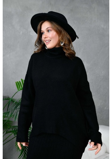 Kadın Balıkçı Yaka Oversize Kazak Uzun Etek İkili Triko Takım Siyah