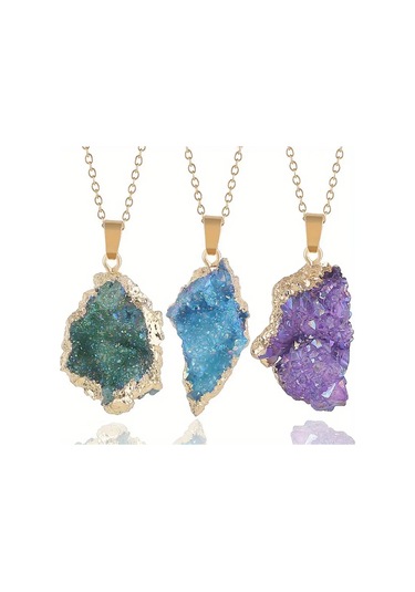 Bohem Tarzı Doğal Akik Geode Kolye, Altın Kenarlı Renkli Küme Doğal Taş Kolye Çok Renkli