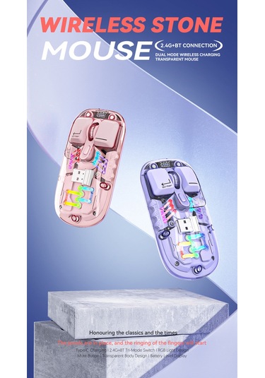 Mufunye Şeffaf Kablosuz Çift Modlu Rgb Aydınlatmalı Fare - 2.4g+bluetooth, 1600dpı, Sessiz Tuşlar, Şarjlı H118