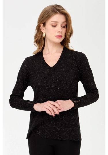 Desen Triko Kadın V Yaka Kolları Düğmeli Simli Bluz 23393 Siyah Siyah