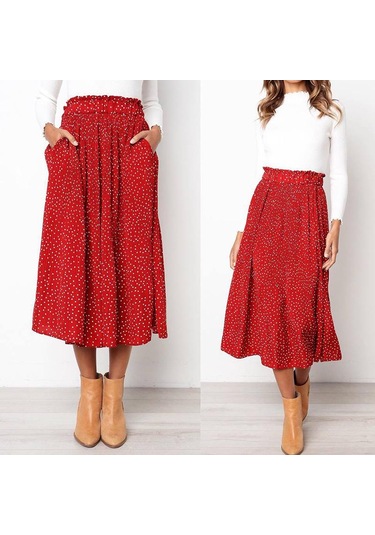 Kadın Yarım Vücut Etek Moda Puantiyeli Cepli Pileli Rüzgar Eteği Uzun Etek Yeşil