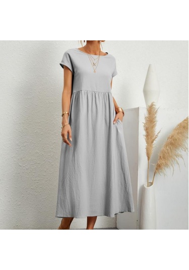 2022 Yeni Düz Renk Kolsuz Etek Gevşek Pamuk Keten Elbise Ekleme Cepler Elbise Gri