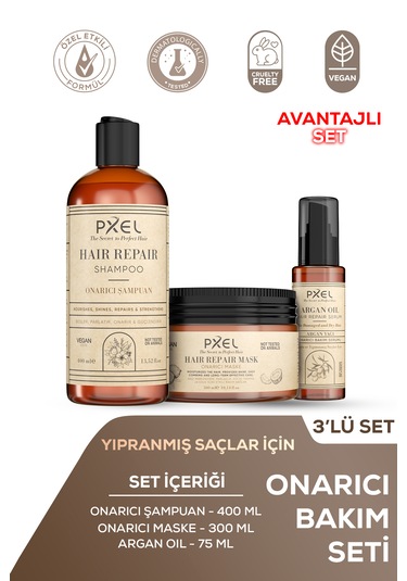 Pxel Onarıcı Şampuan - Maske - Argan Serum 3 Lü Set Vegan