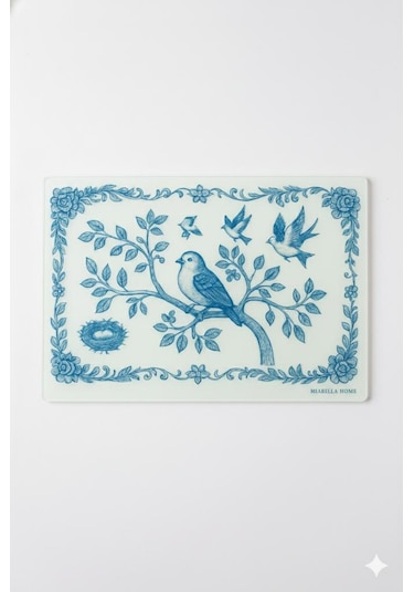 Cam Kesme Tahtası Sofra & Mutfak Kesme Tahtası Sunum Tahtası Cam Doğrama Tahtası Sunumluk Beyaz - Mavi