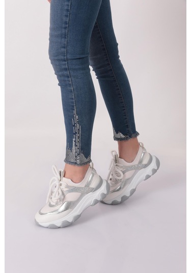 Dgn B2011 Kadin Kalin Taban Sneakers Beyaz Gümüş