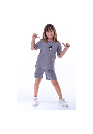Ribana Beybi Overlok Detaylı Kuromi Nakışlı Alt-üst Takım Füme