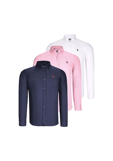 Dewberry G725 Erkek Gömlek 3'lü Beyaz Lacivert Pembe Çok Renkli