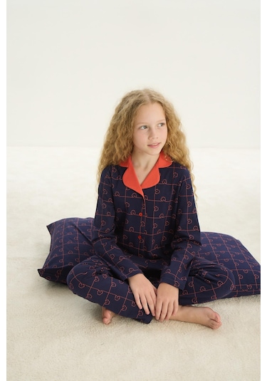 Sevim Kız Çocuk Uzun Kol Gömlek Yaka Önden Düğmeli Lacivert Pijama Takım C0t1n7o8 001
