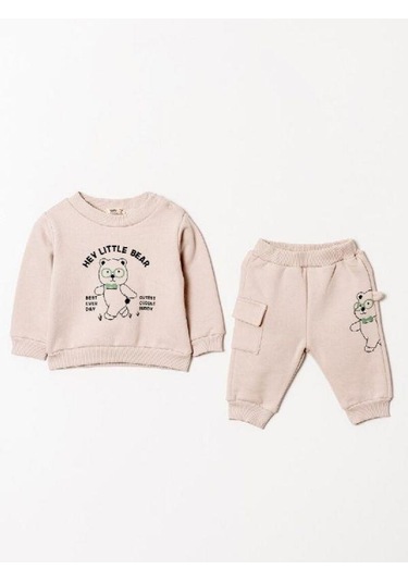 Erkek Bebek 3 İplik Kalın Ayıcık Desenli Eşofman Takım-14910 Taş