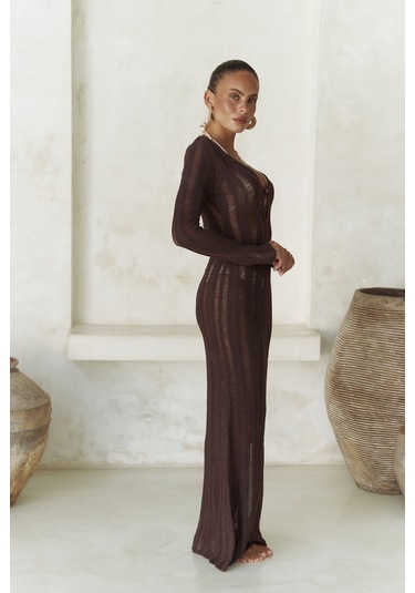 Mai Collection Mai Studios Co. Anandra Boncuk Detay Kahve Triko Uzun Elbise Kahve