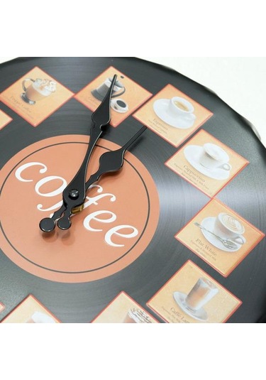 Cajuart Kahve Çeşitleri Metal Kapak Şeklinde Kabartma Duvar Saati Siyah