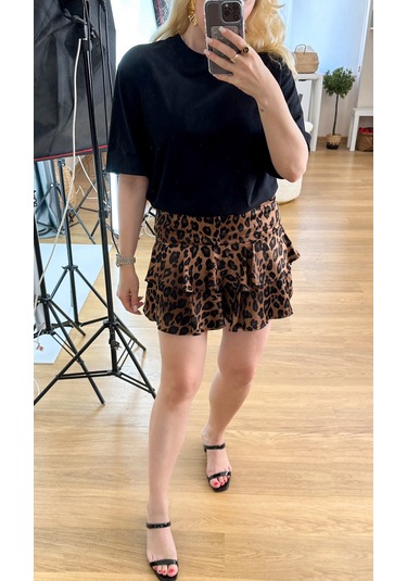 Modaonna Kat Detaylı Leopar Desen Saten Etek Kahverengi
