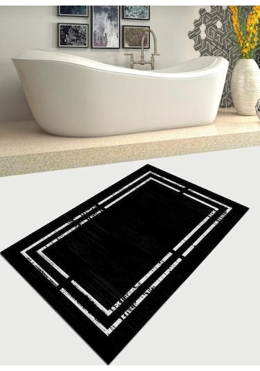 Çerçeve Desenli Suni Deri Taban Banyo Halısı Siyah 70 x 120 CM Siyah