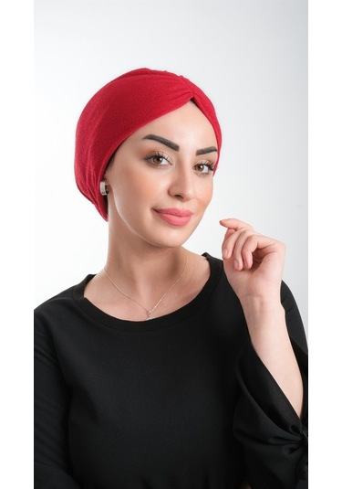 Kırmızı Pratik Hazır Geçmeli Tesettür Bone Fukuro Simli Büzgülü 2116 31 Kırmızı
