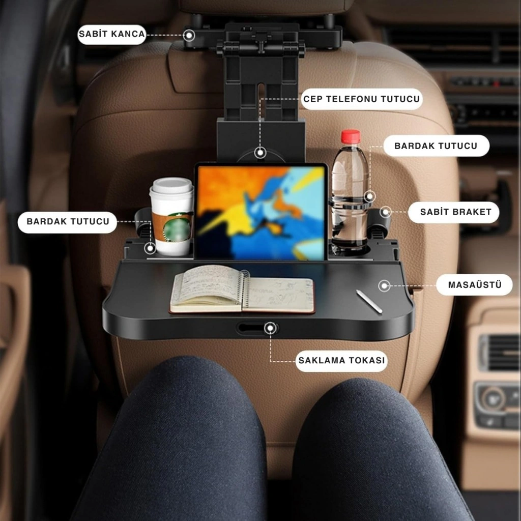 Polham Premium Araç Koltuk Arkası Masa Araç Laptop Standı Araç Yeme İçme Masası Standı Araç Standı Siyah