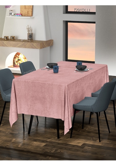 Kadife Dokulu Açık Pembe Renk Masa Örtüsü Açık Pembe