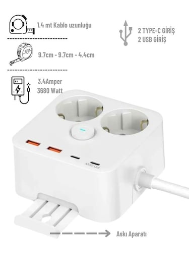3680w 2'li Priz, 2 Usb Ve 2 Type-c Portlu, 1.4m Kablo, 3.4a Çıkış
