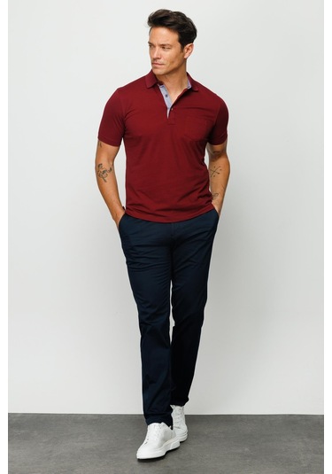 Erkek Polo Yaka Düğmeli Cepli T-shirt Bordo Bordo