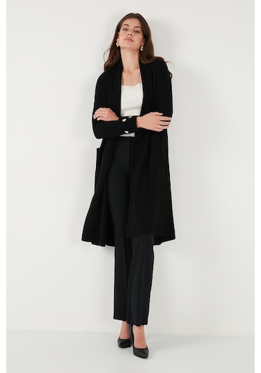 Lela % 100 Akrilik Triko Örme Uzun Bayan Hırka 4615212 Siyah