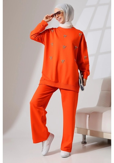 Kadın Turuncu Mevsimlik Penye Alt Üst Spor Ve Rahat Tesettür Takım Turuncu