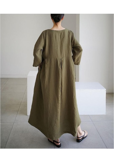 İlkbahar Ve Yaz Kadın Elbise Gevşek Büyük Boy Pamuk Keten Yuvarlak Boyun Kazak Düz Renk Uzun Elbise Askı Elbise Bej