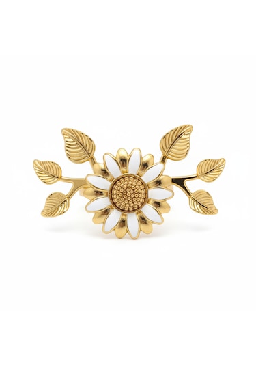 6 Lı Gold Kaplama Beyaz Mineli Yapraklı Papatya Peçete Halkası Seti Altın