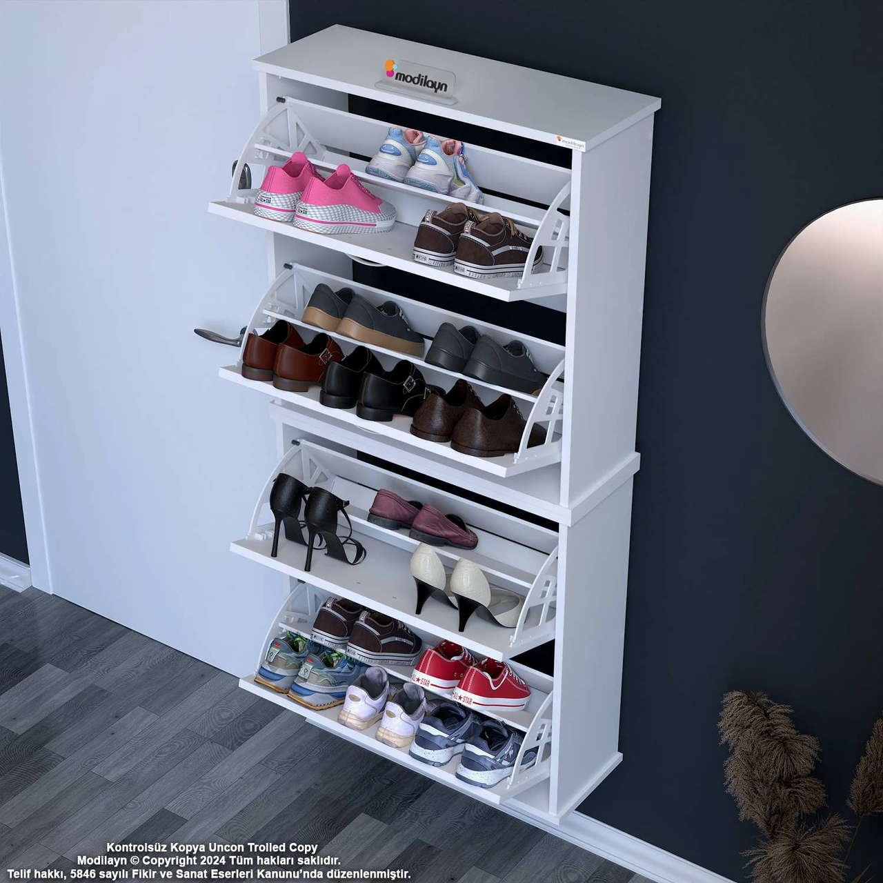 Asaf Beyaz Asma Ayakkabılık Antre Hol 4 Düşer Kapak 8 Göz Bölmeli Ayakkabılık 72x148x25,5 Cm Beyaz