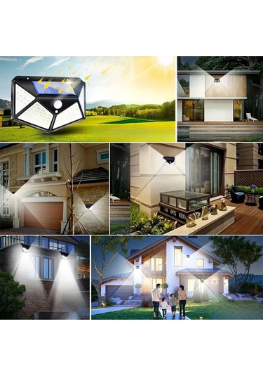 Buffer 100 Ledli 3 Farklı Aydınlatma Ayarlı Solar Güneş Enerjili Hareket Sensörlü Bahçe Duvar Lamba Çok Renkli