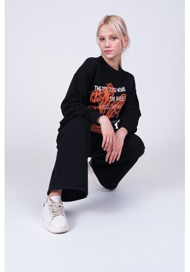 Kız Çocuk Neon Tavşan Baskılı Tasarım Teenage Sweatshirt-13402-siyah Siyah